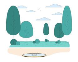 esgoto Escotilha em parque estrada linha desenho animado plano ilustração. bueiro cobrir em pedestre caminho 2d lineart cena isolado em branco fundo. sistema de esgoto dentro cidade jardim cena cor imagem vetor