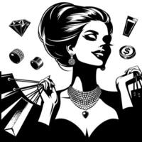 Preto e branco ilustração do uma por sorte luxuoso compras senhora com bolsas e diamantes e perfume vetor