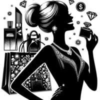 Preto e branco ilustração do uma por sorte luxuoso compras senhora com bolsas e diamantes e perfume vetor