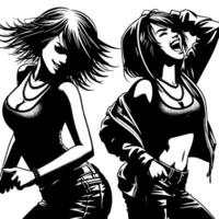 Preto e branco ilustração do uma punk mulher é dançando e tremendo dentro uma bem sucedido pose vetor