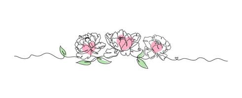 peônia flores linha arte isolado em branco, flor com coração contínuo linha mão desenhado ilustração vetor