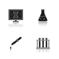 equipamento de laboratório de ciências drop shadow black icons set. pesquisa de computador de DNA, copo com líquido, conta-gotas médico, rack de tubos de ensaio. ilustrações vetoriais isoladas vetor