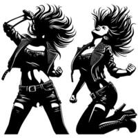 Preto e branco ilustração do uma punk mulher é dançando e tremendo dentro uma bem sucedido pose vetor