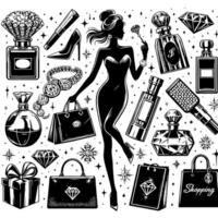 Preto e branco ilustração do uma por sorte luxuoso compras senhora com bolsas e diamantes e perfume vetor