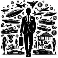 Preto e branco ilustração do uma bem sucedido o negócio homem com dinheiro carros meninas e luxo vetor