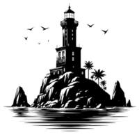 Preto e branco ilustração do uma tradicional velho farol em a pedras vetor