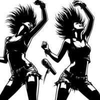 Preto e branco ilustração do uma punk mulher é dançando e tremendo dentro uma bem sucedido pose vetor