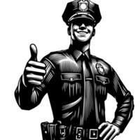Preto e branco ilustração do uma polícia Policial quem é mostrando a polegares acima placa vetor