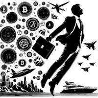 Preto e branco ilustração do uma bem sucedido o negócio homem com bitcoins dinheiro carros e luxo vetor