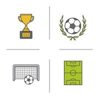 conjunto de ícones de cores do campeonato de futebol. Prêmio de ouro do vencedor, bola de futebol com coroa de louros, portões, campo. ilustrações vetoriais isoladas vetor