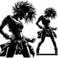 Preto e branco ilustração do uma punk mulher é dançando e tremendo dentro uma bem sucedido pose vetor