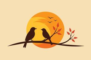 minimalista ilustração recortado dois pássaros em ramo às pôr do sol vetor