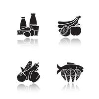 produtos de mercearia drop shadow black icons set. categorias de alimentos. laticínios, frutos do mar, frutas e vegetais. ilustrações vetoriais isoladas vetor