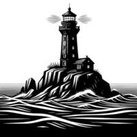 Preto e branco ilustração do uma tradicional velho farol em a pedras vetor