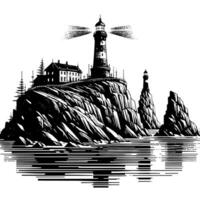 Preto e branco ilustração do uma tradicional velho farol em a pedras vetor