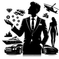 Preto e branco ilustração do uma bem sucedido o negócio homem com dinheiro carros meninas e luxo vetor