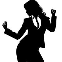 Preto e branco ilustração do uma mulher dentro o negócio terno é dançando e tremendo dentro uma bem sucedido pose vetor