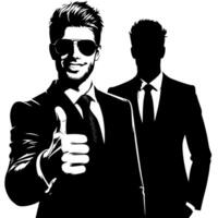 Preto e branco ilustração do uma homem dentro o negócio terno é mostrando a polegares acima placa vetor