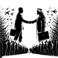 Preto e branco ilustração do uma aperto de mão entre dois o negócio homens dentro ternos vetor
