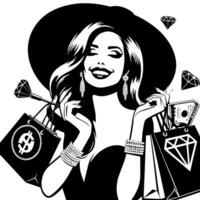 Preto e branco ilustração do uma por sorte luxuoso compras senhora com bolsas e diamantes e perfume vetor