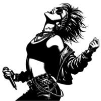 Preto e branco ilustração do uma punk mulher é dançando e tremendo dentro uma bem sucedido pose vetor