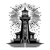 Preto e branco ilustração do uma tradicional velho farol em a pedras vetor