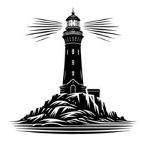 Preto e branco ilustração do uma tradicional velho farol em a pedras vetor