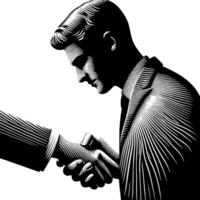 Preto e branco ilustração do uma aperto de mão entre dois o negócio homens dentro ternos vetor