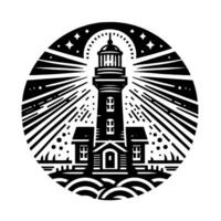 Preto e branco ilustração do uma tradicional velho farol em a pedras vetor