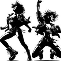 Preto e branco ilustração do uma punk mulher é dançando e tremendo dentro uma bem sucedido pose vetor