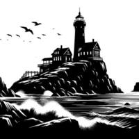 Preto e branco ilustração do uma tradicional velho farol em a pedras vetor