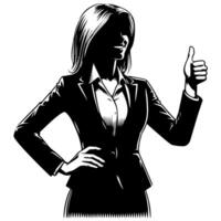Preto e branco ilustração do uma mulher dentro o negócio terno é mostrando a polegares acima placa vetor