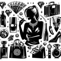 Preto e branco ilustração do uma por sorte luxuoso compras senhora com bolsas e diamantes e perfume vetor