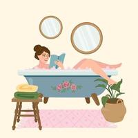 jovem tomar banho com bolhas de espuma de sabão, ler o livro. personagem de desenho animado feliz feminino. relaxamento durante a rotina diária higiênica, autocuidado ou procedimento de spa