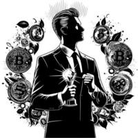 Preto e branco ilustração do uma bem sucedido o negócio homem com bitcoins dinheiro carros e luxo vetor