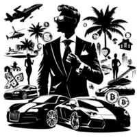 Preto e branco ilustração do uma bem sucedido o negócio homem com dinheiro carros meninas e luxo vetor