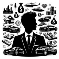 Preto e branco ilustração do uma bem sucedido o negócio homem com dinheiro carros meninas e luxo vetor