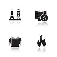 conjunto de ícones pretos de sombra projetada da indústria petrolífera. plataforma de produção de petróleo, barris, armazenamento, sinal inflamável. ilustrações vetoriais isoladas vetor