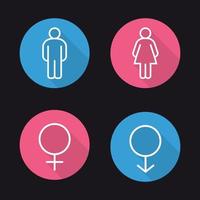 conjunto de ícones de sombra longa plana linear de gênero. homem e mulher wc sinais de banheiro. símbolos de linha de vetor