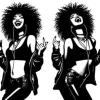 Preto e branco ilustração do uma punk mulher é dançando e tremendo dentro uma bem sucedido pose vetor