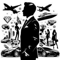 Preto e branco ilustração do uma bem sucedido o negócio homem com dinheiro carros meninas e luxo vetor