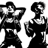 Preto e branco ilustração do uma punk mulher é dançando e tremendo dentro uma bem sucedido pose vetor