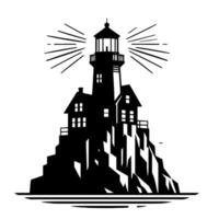 Preto e branco ilustração do uma tradicional velho farol em a pedras vetor