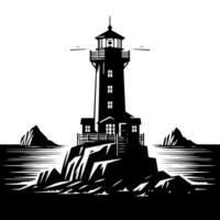 Preto e branco ilustração do uma tradicional velho farol em a pedras vetor