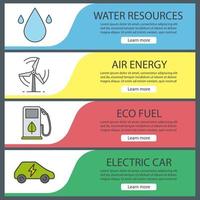 conjunto de modelos de banner de ecologia. fácil de editar. recursos de água, eco energia e combustível, carro elétrico. itens de menu do site. banner de cor da web. conceitos de design de cabeçalhos de vetor