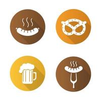 lanches de cerveja conjunto de ícones de longa sombra design plano. salsicha fumegante no garfo, bratwurst, brezel, copo de cerveja espumoso. símbolos de silhueta de vetor