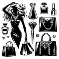 Preto e branco ilustração do uma por sorte luxuoso compras senhora com bolsas e diamantes e perfume vetor