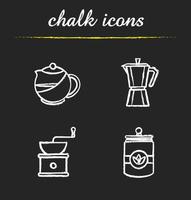 conjunto de ícones de giz de chá e café. bule, moedor de grãos de café vintage, jarra de chá, cafeteira moka. ilustrações vetoriais isoladas em quadro-negro vetor