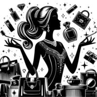 Preto e branco ilustração do uma por sorte luxuoso compras senhora com bolsas e diamantes e perfume vetor