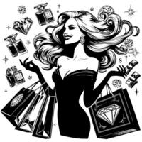 Preto e branco ilustração do uma por sorte luxuoso compras senhora com bolsas e diamantes e perfume vetor